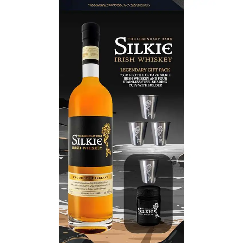 The Legendary Dark Silkie Irish Whiskey with 4 Steel Shot Glasses